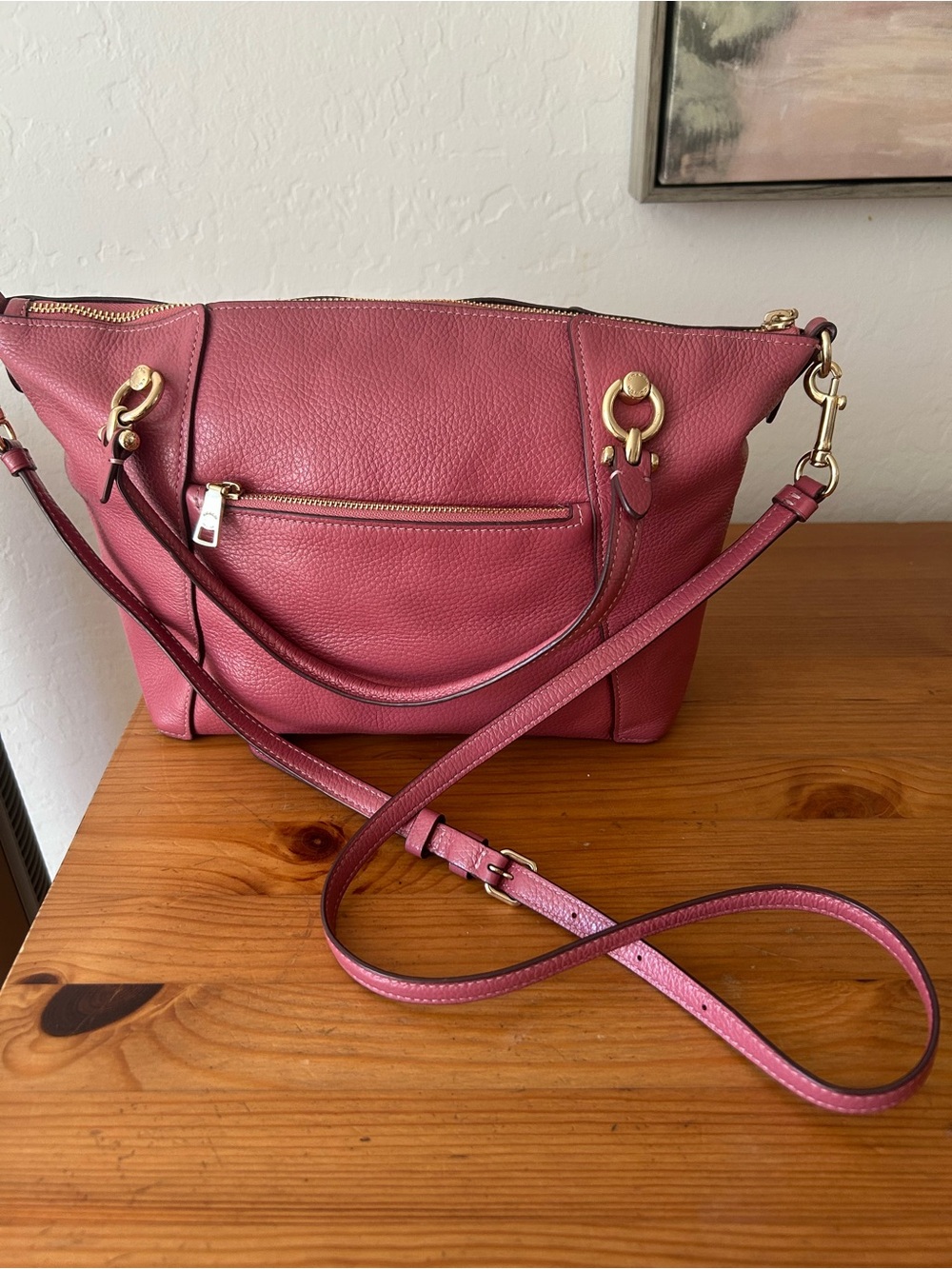 Coach Pebbled Leather Crossbody Satchel in Burgundy with Gold Hardware - Picture 2 of 4